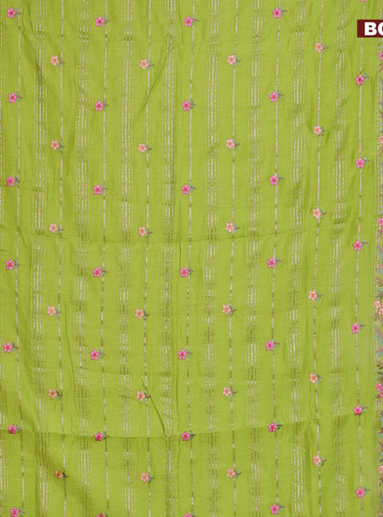 Assam silk saree light green with allover zari weaves & embroidery work buttas and floral design embroidery work zari border