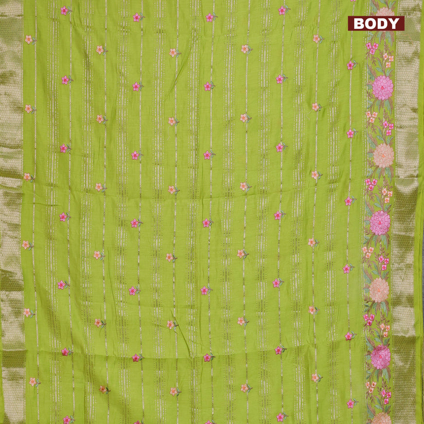 Assam silk saree light green with allover zari weaves & embroidery work buttas and floral design embroidery work zari border