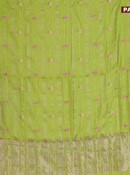 Assam silk saree light green with allover zari weaves & embroidery work buttas and floral design embroidery work zari border