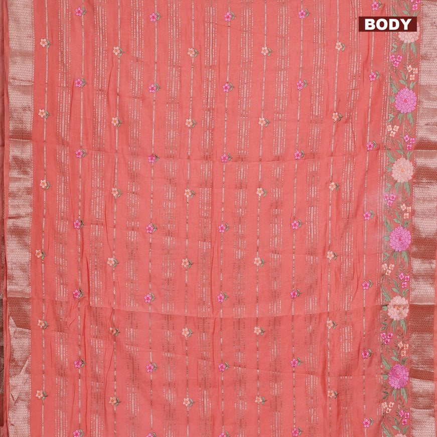 Assam silk saree peach orange with allover zari weaves & embroidery work buttas and floral design embroidery work zari border