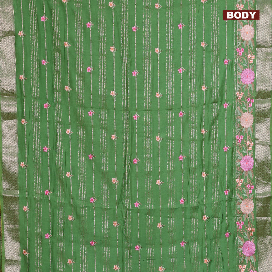 Assam silk saree green with allover zari weaves & embroidery work buttas and floral design embroidery work zari border