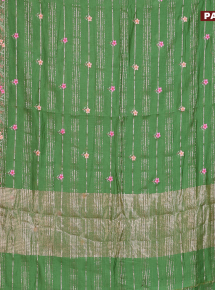 Assam silk saree green with allover zari weaves & embroidery work buttas and floral design embroidery work zari border