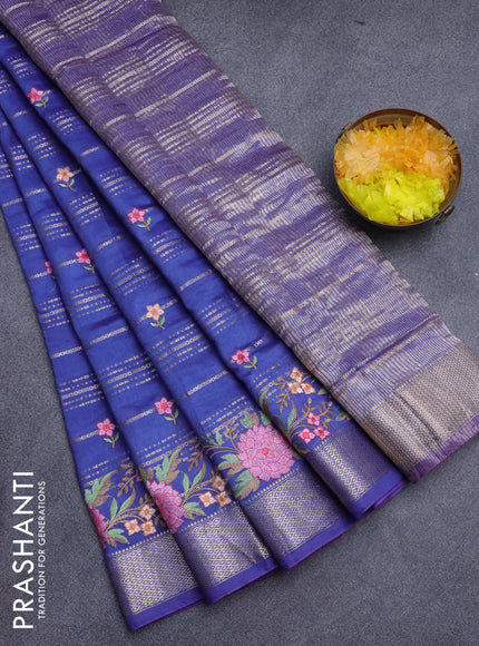 Assam silk saree blue with allover zari weaves & embroidery work buttas and floral design embroidery work zari border