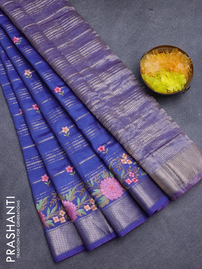 Assam silk saree blue with allover zari weaves & embroidery work buttas and floral design embroidery work zari border