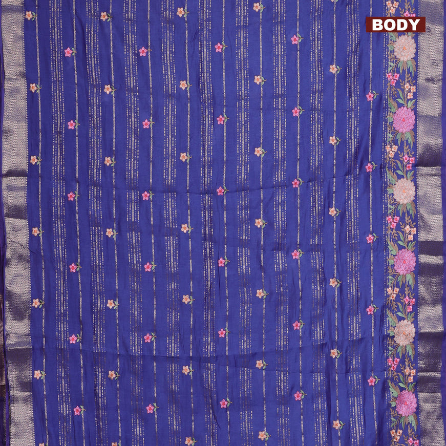 Assam silk saree blue with allover zari weaves & embroidery work buttas and floral design embroidery work zari border