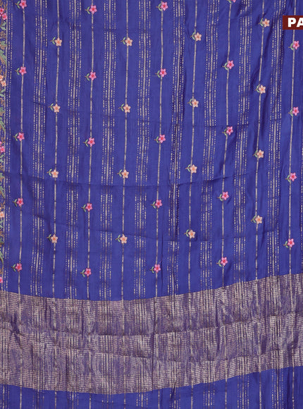 Assam silk saree blue with allover zari weaves & embroidery work buttas and floral design embroidery work zari border