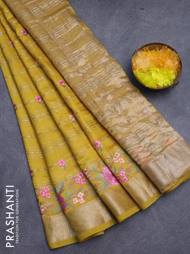 Assam silk saree mustard yellow with allover zari weaves & embroidery work buttas and floral design embroidery work zari border