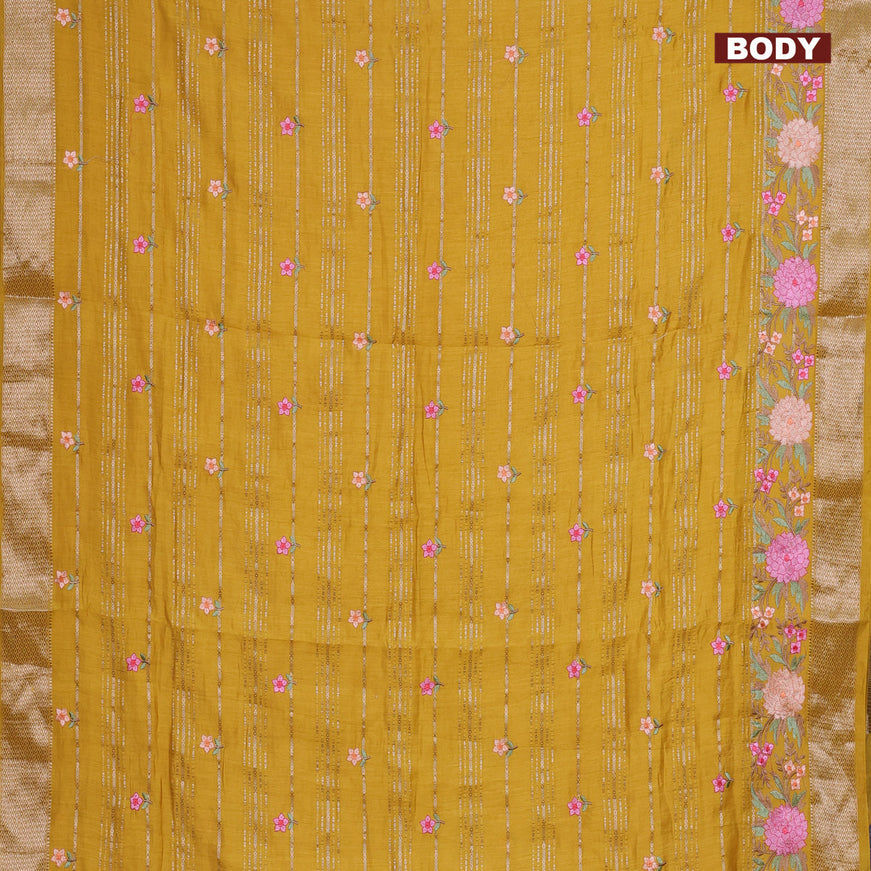 Assam silk saree mustard yellow with allover zari weaves & embroidery work buttas and floral design embroidery work zari border