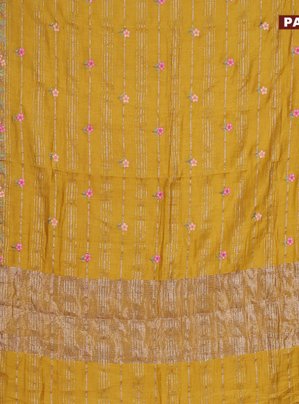 Assam silk saree mustard yellow with allover zari weaves & embroidery work buttas and floral design embroidery work zari border