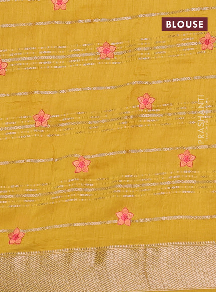 Assam silk saree mustard yellow with allover zari weaves & embroidery work buttas and floral design embroidery work zari border