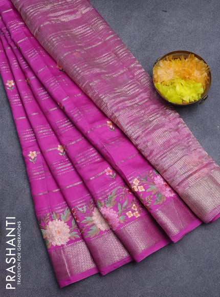 Assam silk saree pink with allover zari weaves & embroidery work buttas and floral design embroidery work zari border