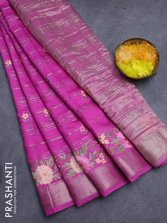 Assam silk saree pink with allover zari weaves & embroidery work buttas and floral design embroidery work zari border