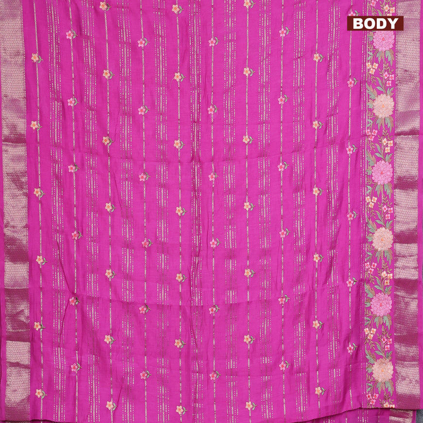 Assam silk saree pink with allover zari weaves & embroidery work buttas and floral design embroidery work zari border