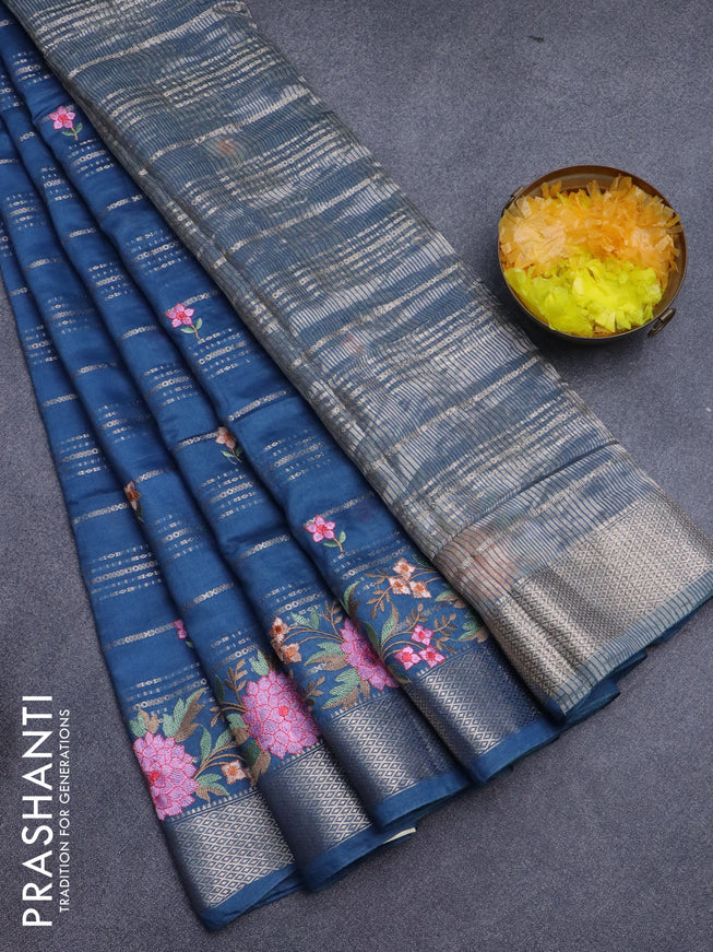 Assam silk saree peacock blue with allover zari weaves & embroidery work buttas and floral design embroidery work zari border