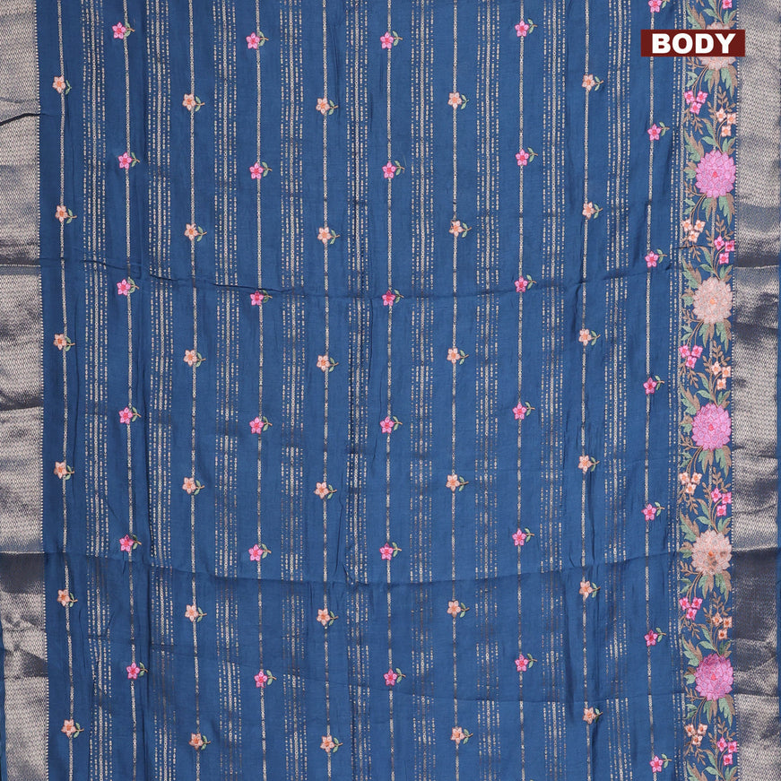 Assam silk saree peacock blue with allover zari weaves & embroidery work buttas and floral design embroidery work zari border