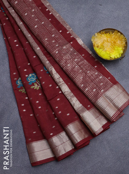 Assam silk saree maroon with floral embroidery work & zari buttas and zari woven border