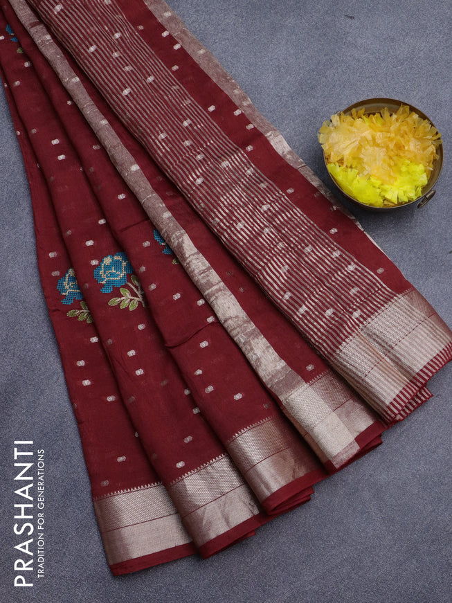 Assam silk saree maroon with floral embroidery work & zari buttas and zari woven border