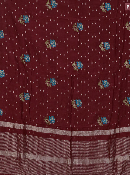 Assam silk saree maroon with floral embroidery work & zari buttas and zari woven border