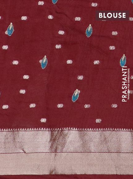 Assam silk saree maroon with floral embroidery work & zari buttas and zari woven border