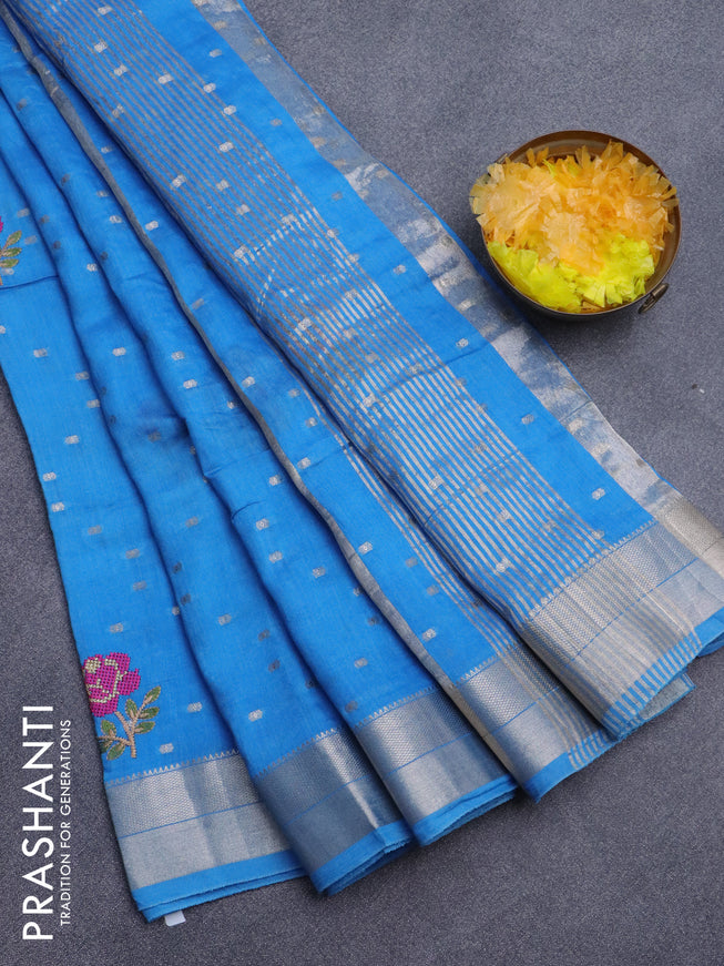 Assam silk saree blue with floral embroidery work & zari buttas and zari woven border