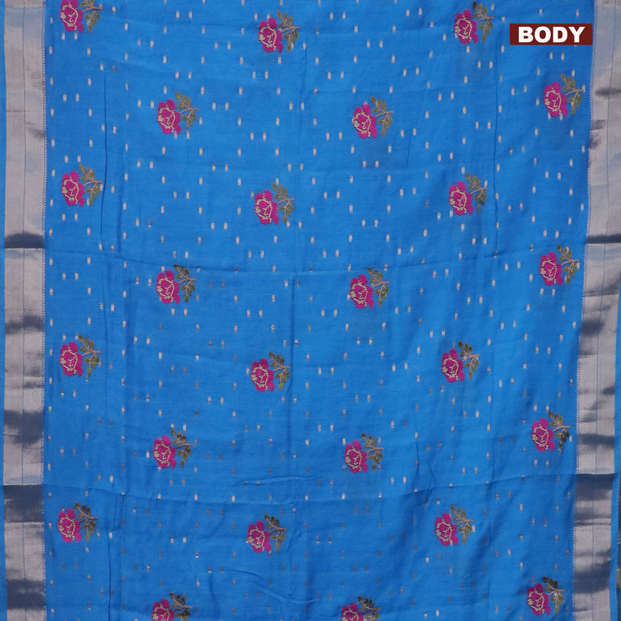 Assam silk saree blue with floral embroidery work & zari buttas and zari woven border