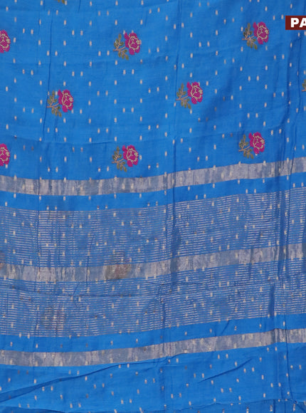 Assam silk saree blue with floral embroidery work & zari buttas and zari woven border