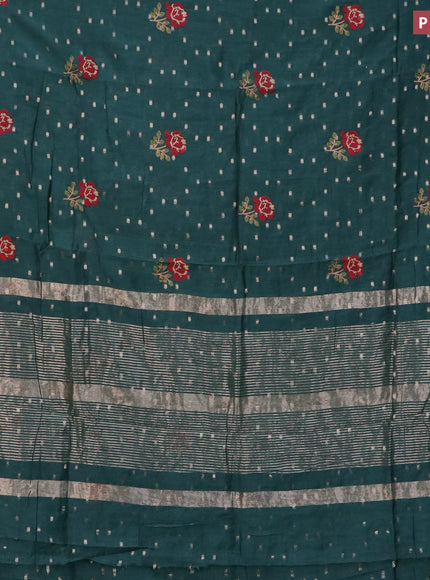 Assam silk saree bottle green with floral embroidery work & zari buttas and zari woven border