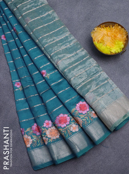 Assam silk saree light blue with allover zari weaves & embroidery work buttas and floral design embroidery work zari border