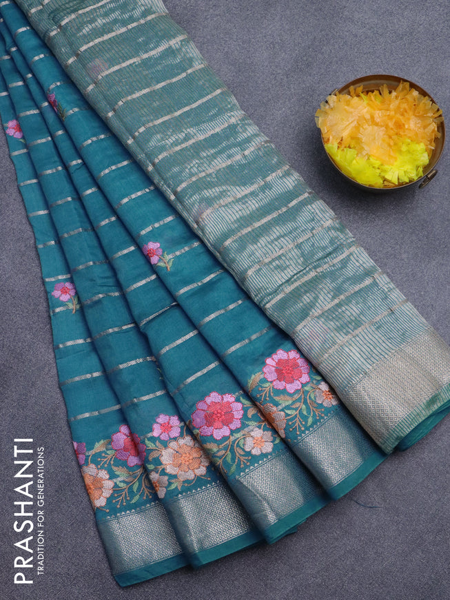 Assam silk saree light blue with allover zari weaves & embroidery work buttas and floral design embroidery work zari border