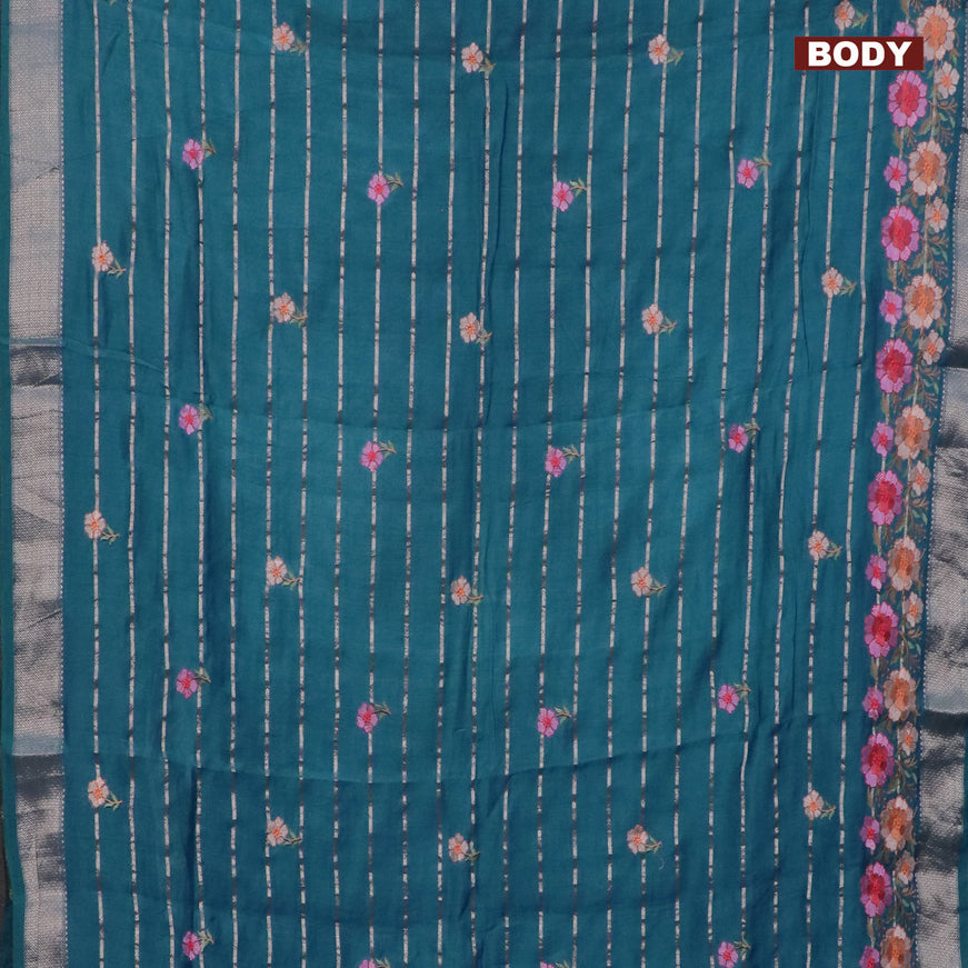 Assam silk saree light blue with allover zari weaves & embroidery work buttas and floral design embroidery work zari border