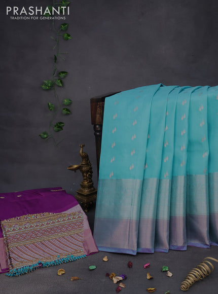 Pure kanchipuram silk saree light blue and purple with zari woven buttas and zari woven border & aari work blouse