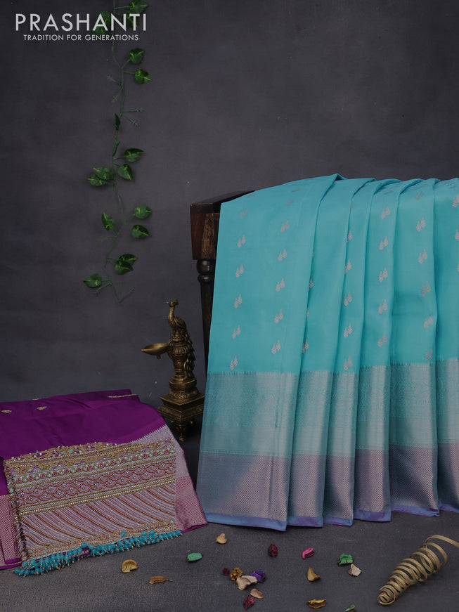 Pure kanchipuram silk saree light blue and purple with zari woven buttas and zari woven border & aari work blouse