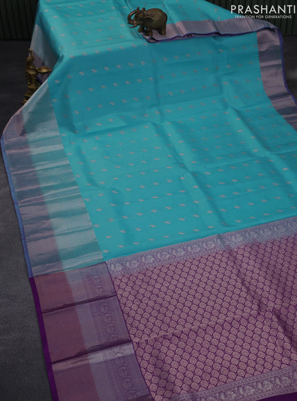 Pure kanchipuram silk saree light blue and purple with zari woven buttas and zari woven border & aari work blouse