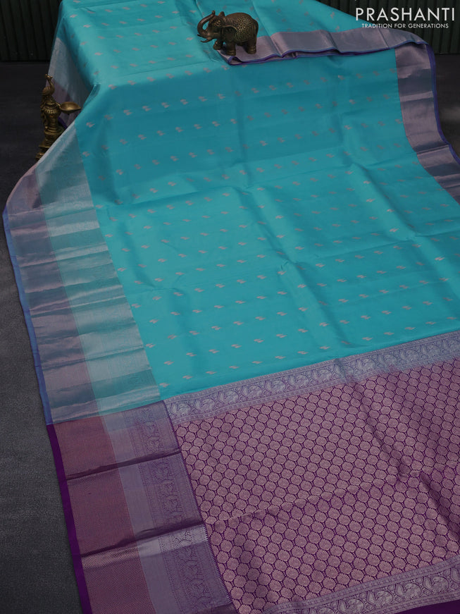 Pure kanchipuram silk saree light blue and purple with zari woven buttas and zari woven border & aari work blouse