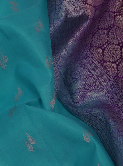 Pure kanchipuram silk saree light blue and purple with zari woven buttas and zari woven border & aari work blouse