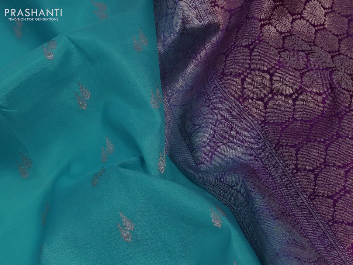 Pure kanchipuram silk saree light blue and purple with zari woven buttas and zari woven border & aari work blouse