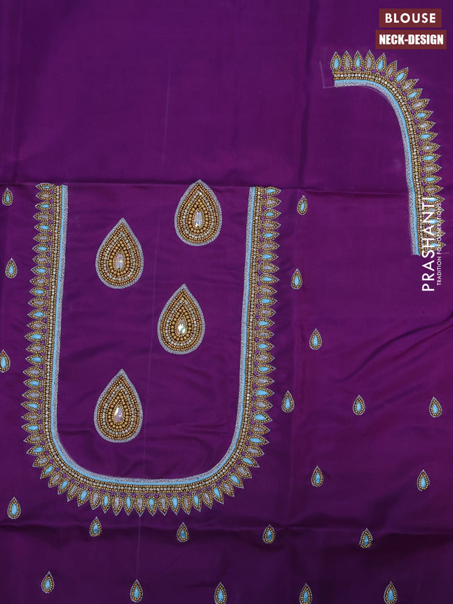 Pure kanchipuram silk saree light blue and purple with zari woven buttas and zari woven border & aari work blouse