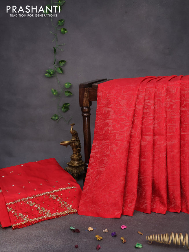 Pure kanchipuram silk saree red with allover silver zari woven brocade weaves in borderless style & aari work blouse