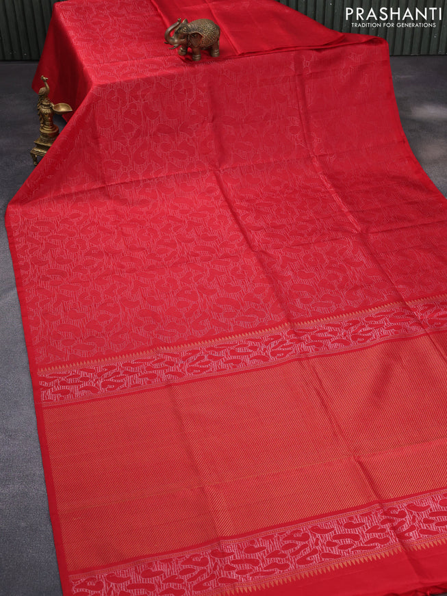 Pure kanchipuram silk saree red with allover silver zari woven brocade weaves in borderless style & aari work blouse