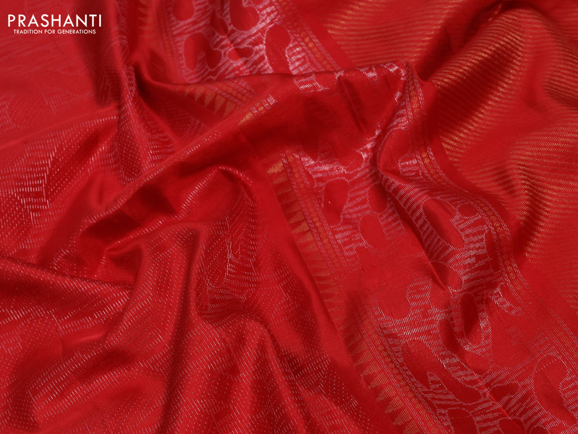 Pure kanchipuram silk saree red with allover silver zari woven brocade weaves in borderless style & aari work blouse