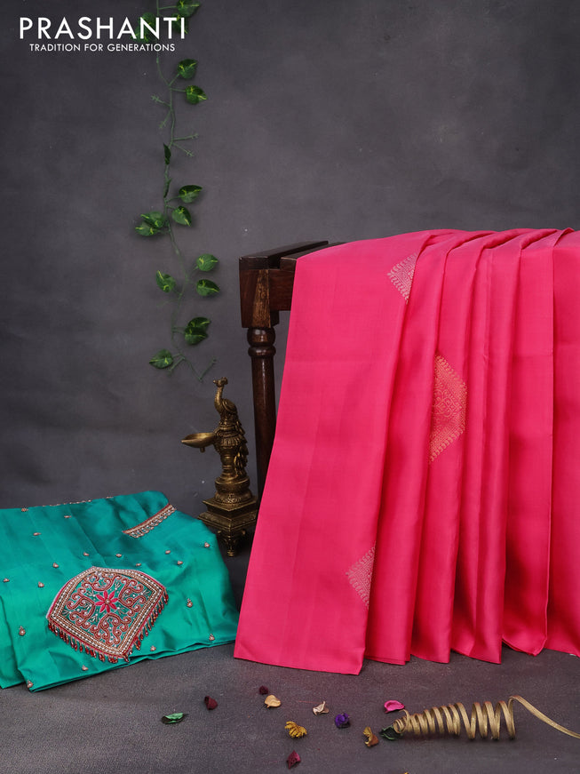 Pure kanchipuram silk saree pink and teal blue with silver zari woven buttas in borderless style & aari work blouse