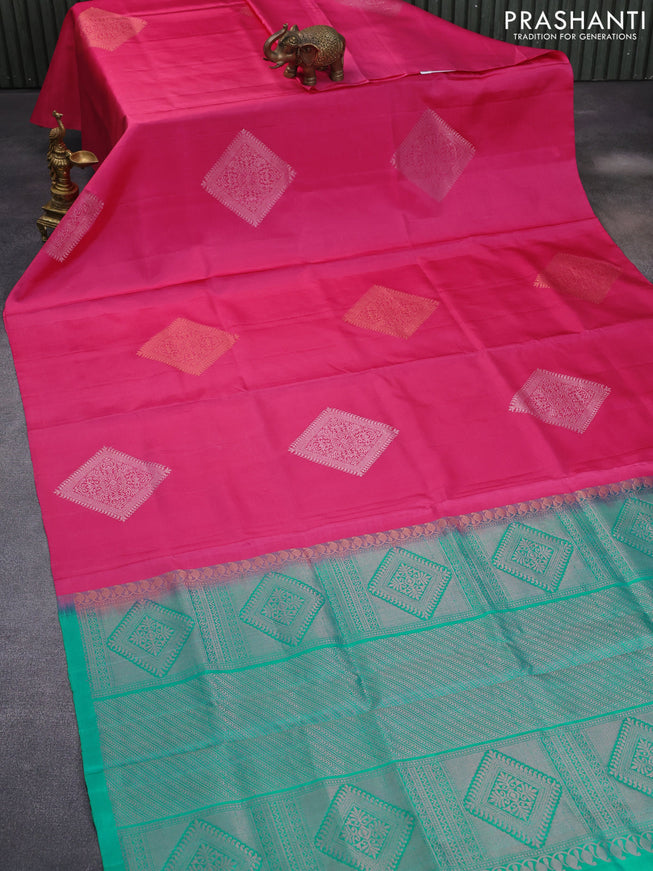 Pure kanchipuram silk saree pink and teal blue with silver zari woven buttas in borderless style & aari work blouse