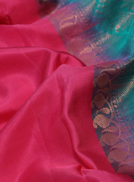 Pure kanchipuram silk saree pink and teal blue with silver zari woven buttas in borderless style & aari work blouse