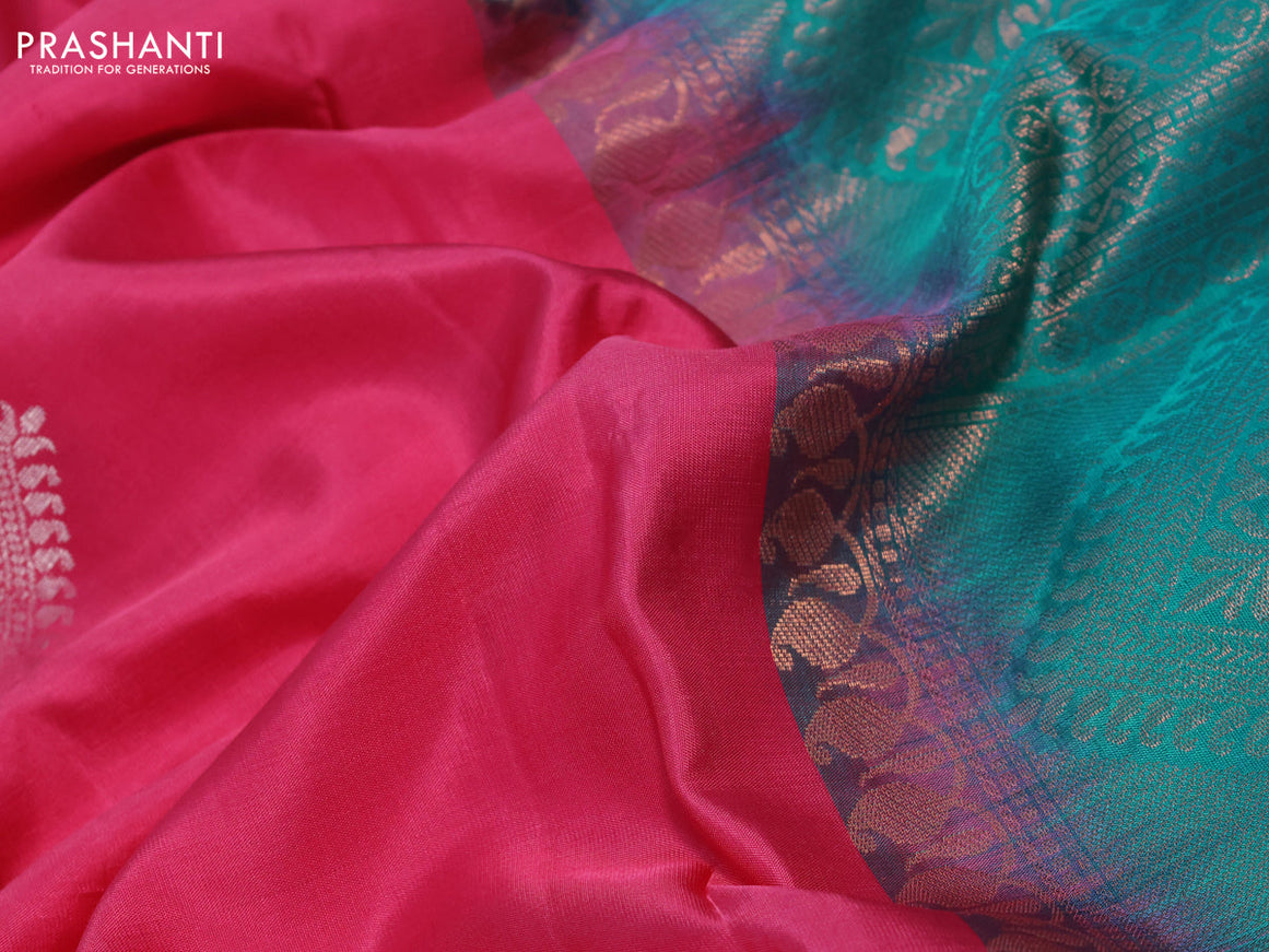 Pure kanchipuram silk saree pink and teal blue with silver zari woven buttas in borderless style & aari work blouse