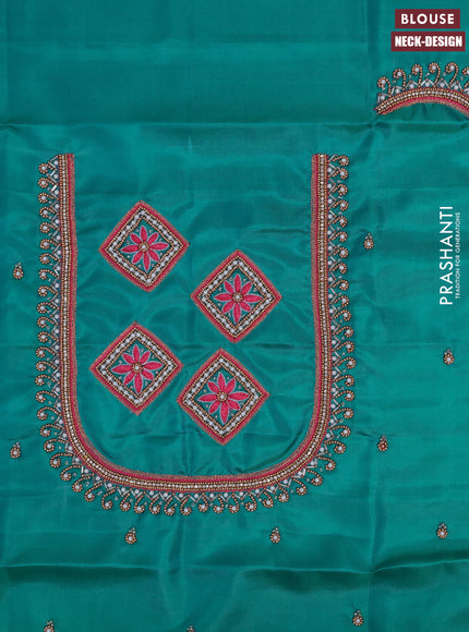 Pure kanchipuram silk saree pink and teal blue with silver zari woven buttas in borderless style & aari work blouse