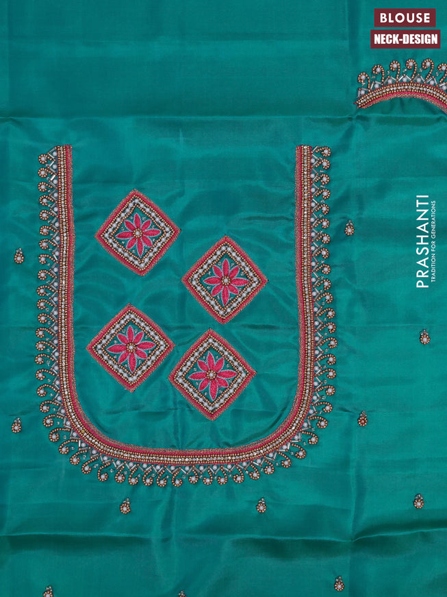 Pure kanchipuram silk saree pink and teal blue with silver zari woven buttas in borderless style & aari work blouse