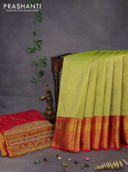 Pure kanchipuram silk saree pista green and maroon with allover zari woven brocade weaves and zari woven border & aari work blouse