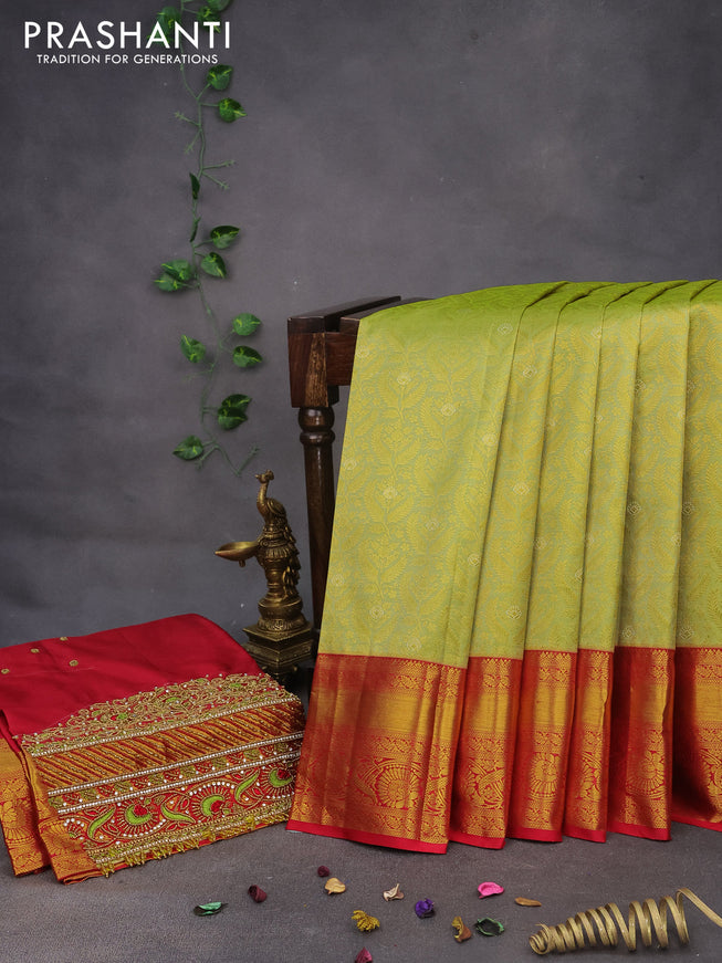 Pure kanchipuram silk saree pista green and maroon with allover zari woven brocade weaves and zari woven border & aari work blouse