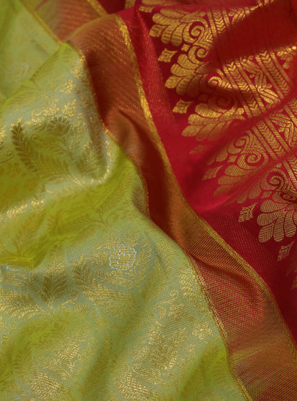 Pure kanchipuram silk saree pista green and maroon with allover zari woven brocade weaves and zari woven border & aari work blouse