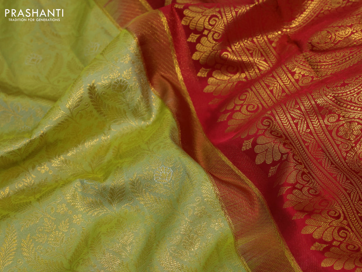 Pure kanchipuram silk saree pista green and maroon with allover zari woven brocade weaves and zari woven border & aari work blouse